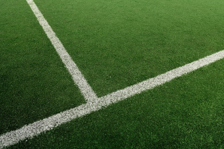 Photo soccer or football field with white line 