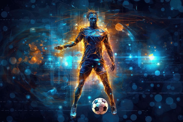 Soccer or football player with ball in action on a futuristic background