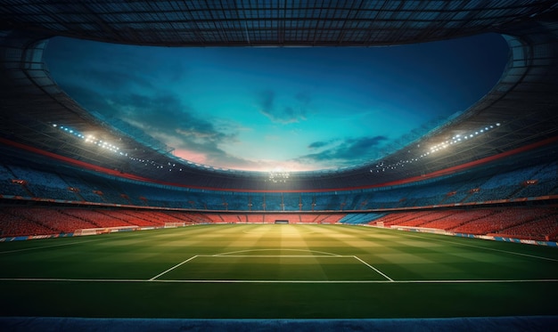 Soccer or Football stadium with green field background Generative AI
