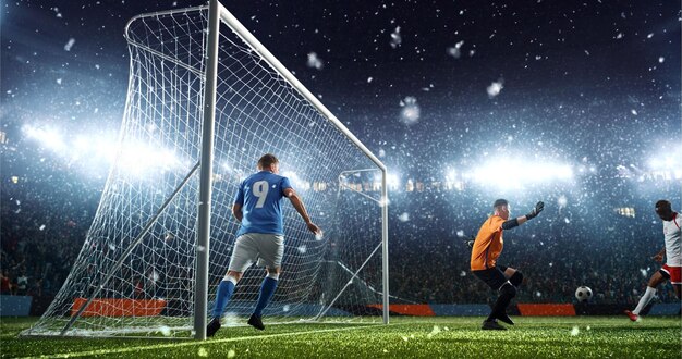 Soccer game moment on professional stadium