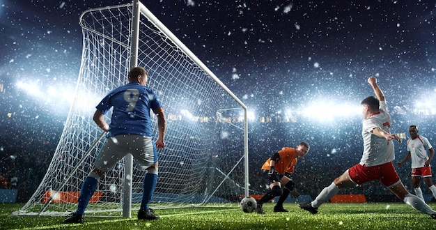 Soccer game moment on professional stadium