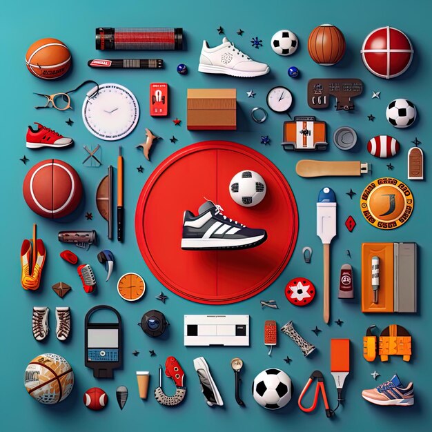 Photo a soccer game with a red circle with a soccer ball and other sports items