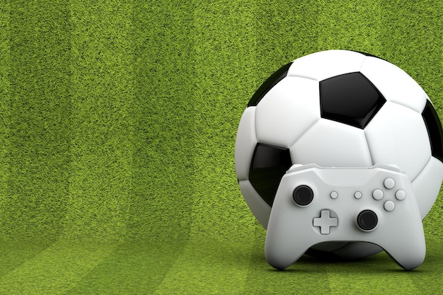 Soccer gaming background video game controller with a\
traditional football ball and grass pitch d re...