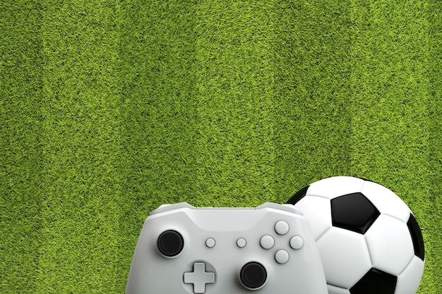 Soccer gaming background video game controller with a traditional football ball and grass pitch d re...