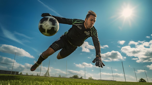 Photo soccer goalkeeper diving for a save during a match