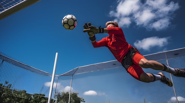 Soccer goalkeeper diving for a save during a match