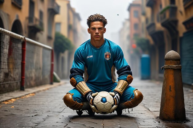 Photo soccer goalkeeper ready on street with ball