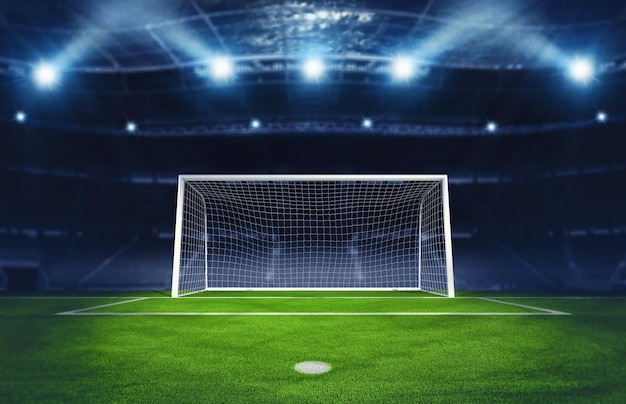 Soccer goalpost under spotlights in the stadium d rendering