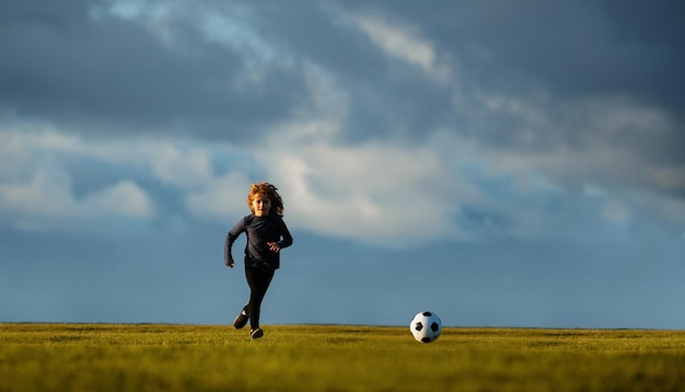 サッカーの子供たちが夏のスタジアムフィールドでサッカーをする小さな子供男の子がボールを蹴るサッカースポーツt