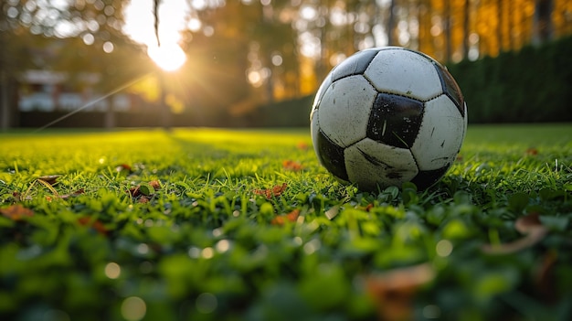 Футбольный матч на зеленой траве с черно-белым мячом