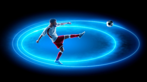 Soccer neon effect. Professional soccer player in action. Blue neon light