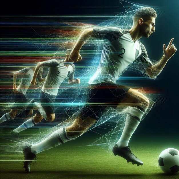 Soccer player in action on green field of stadium under blue lights