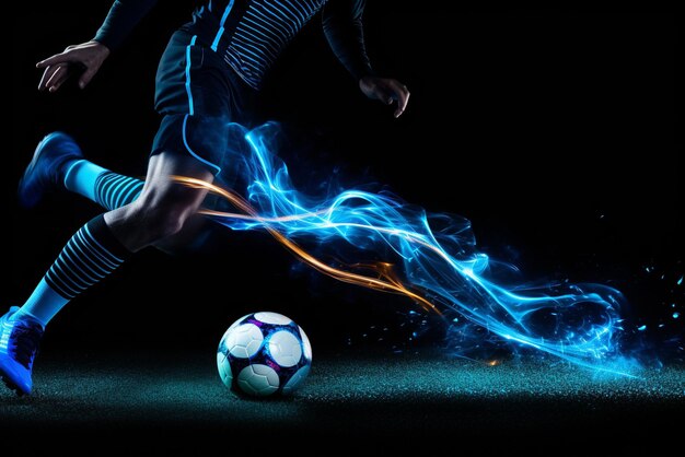 Soccer player in action isolated on black background with blue light effect