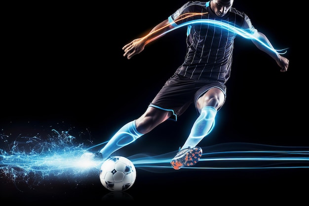 Soccer player in action kicking the ball with blue neon light on a black background