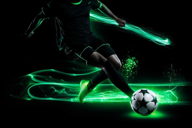 Soccer player in action with ball against green lights on black background