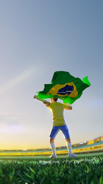 Giocatore di calcio dopo la bandiera della tenuta del campionato del gioco del vincitore del brasile. stile poligono