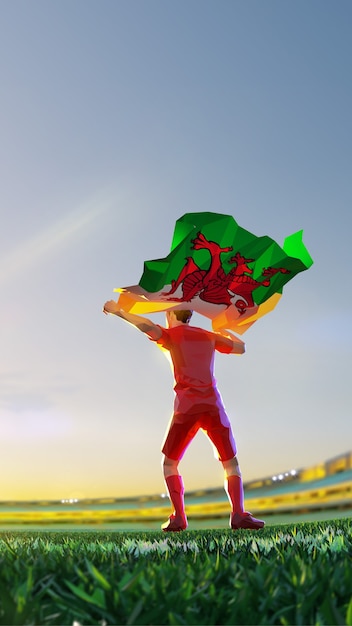 Soccer player after winner game championship hold flag of Wales. polygon style