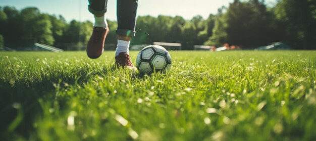 Soccer player and ball on grass field sports and competition concept Generative AI