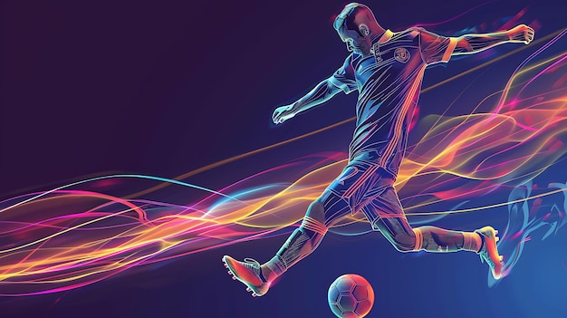 A soccer player in a blue uniform is kicking a ball The background is dark with colorful streaks of light
