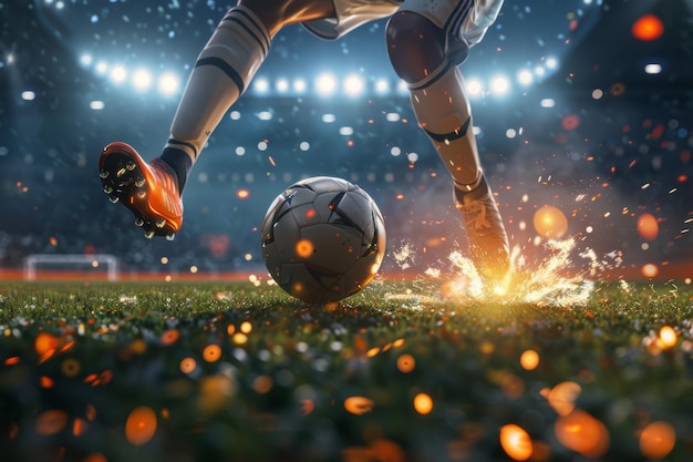 Soccer player in a fiery field at the football stadium generative ai