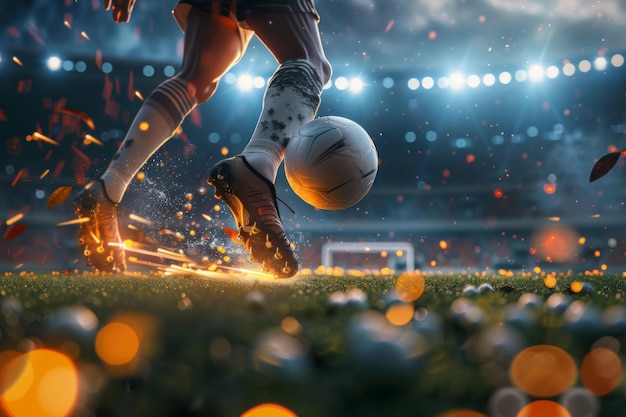 Photo soccer player in a fiery field at the football stadium generative ai