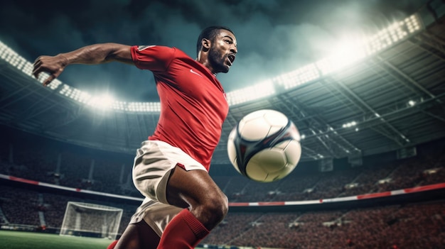 Soccer player during the game against the backdrop of the stadium Created with Generative AI technology