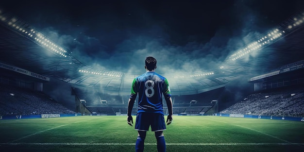 soccer player on grounds in stadium in the style of dark azure and blue