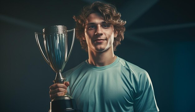 Soccer player holding trophy on platform