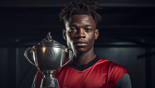 Soccer player holding trophy on platform