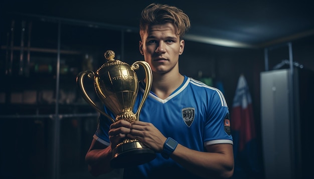 Soccer player holding trophy on platform