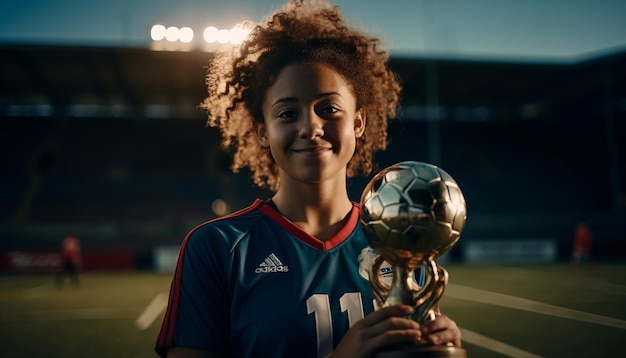 Soccer player holding trophy on platform