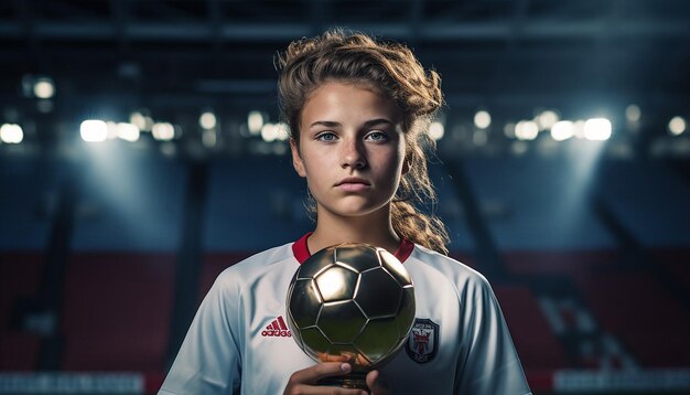 Soccer player holding trophy on platform