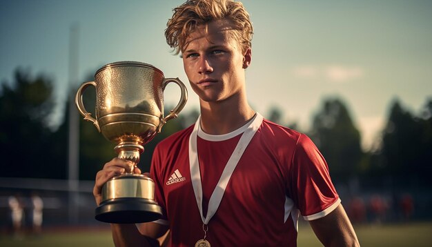 Soccer player holding trophy on platform