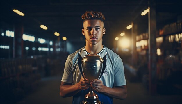 Foto calciatore che tiene il trofeo sulla piattaforma