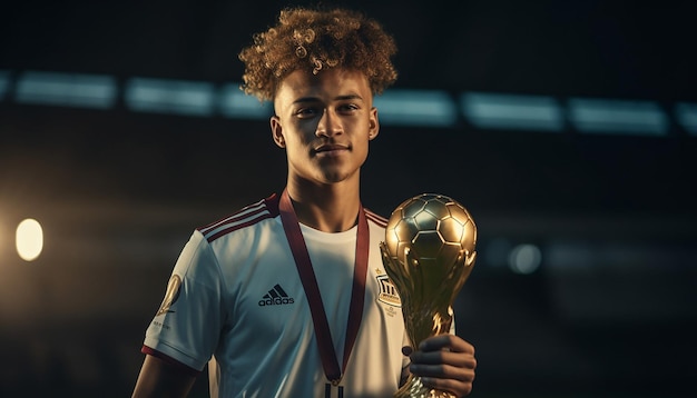 Soccer player holding trophy on platform