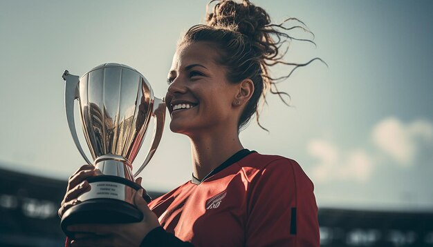 Soccer player holding trophy on platform