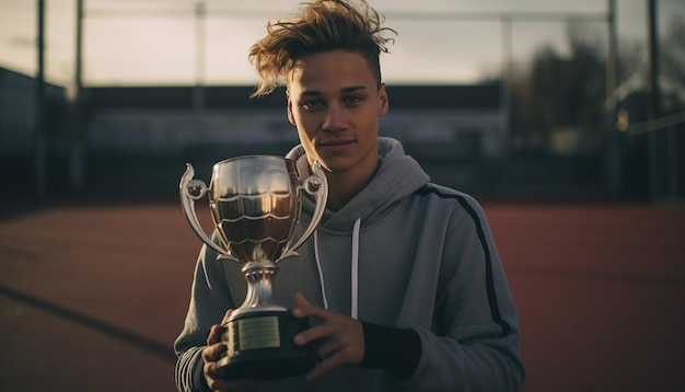 Soccer player holding trophy on platform