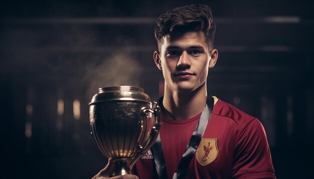 Soccer player holding trophy on platform