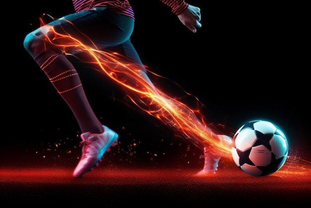 Soccer player kicking the ball on a black background with red lighting