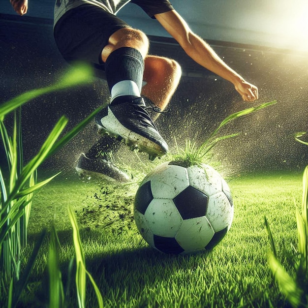 Photo soccer player kicking the ball in the grass with the sun behind him