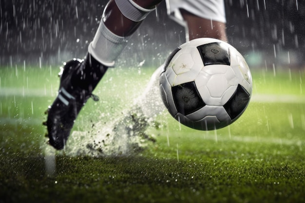 Soccer player kicking a ball in the rain