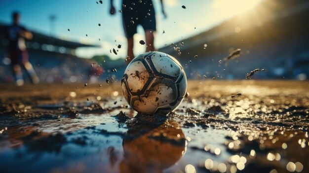 Foto giocatore di calcio che calcia la palla sul campo di calcio indossava abbigliamento sportivo senza marchio stadi e folle