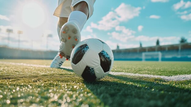 Foto giocatore di calcio che calcia la palla nello stadio