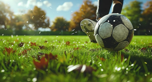 a soccer player kicks a ball on the field