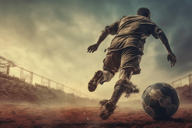 A soccer player kicks the ball in a field