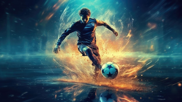 A soccer player kicks a ball in front of a fire background.