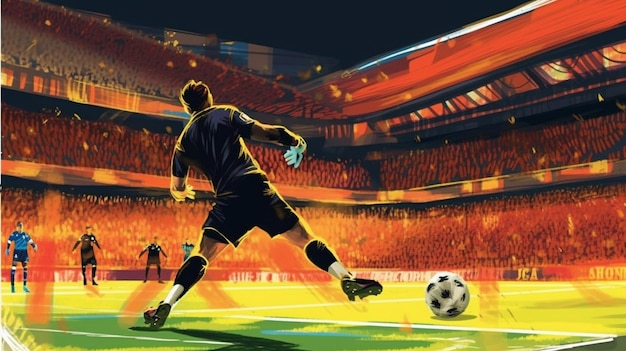 A soccer player kicks a ball in a stadium.