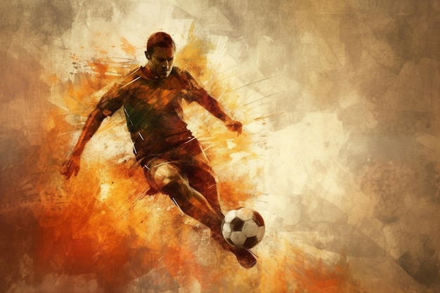 A soccer player kicks a soccer ball in front of a spray paint background.