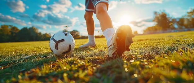 a soccer player kicks a soccer ball in the grass