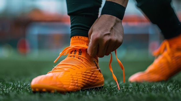 Photo soccer player lacing bright orange boots on field